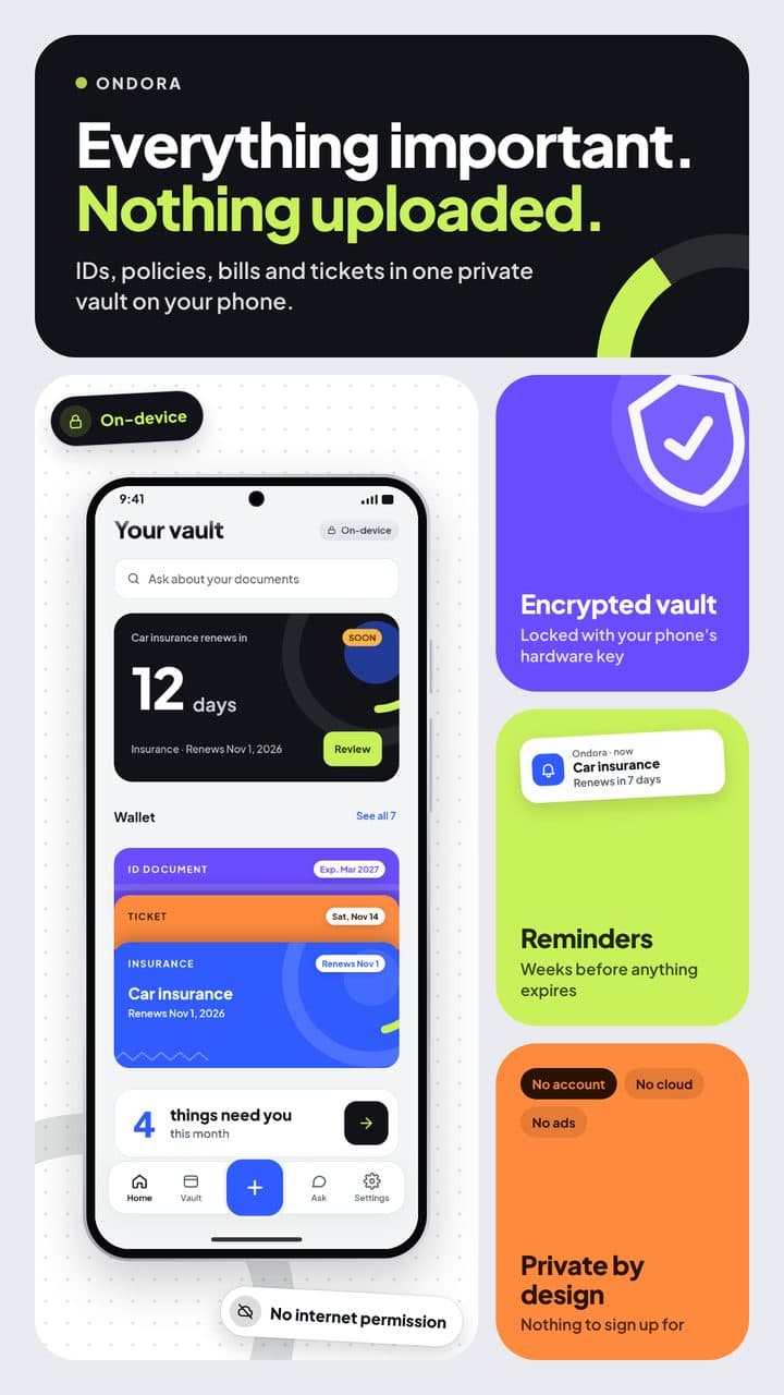 Ondora home screen with an insurance renewal countdown and a wallet of documents