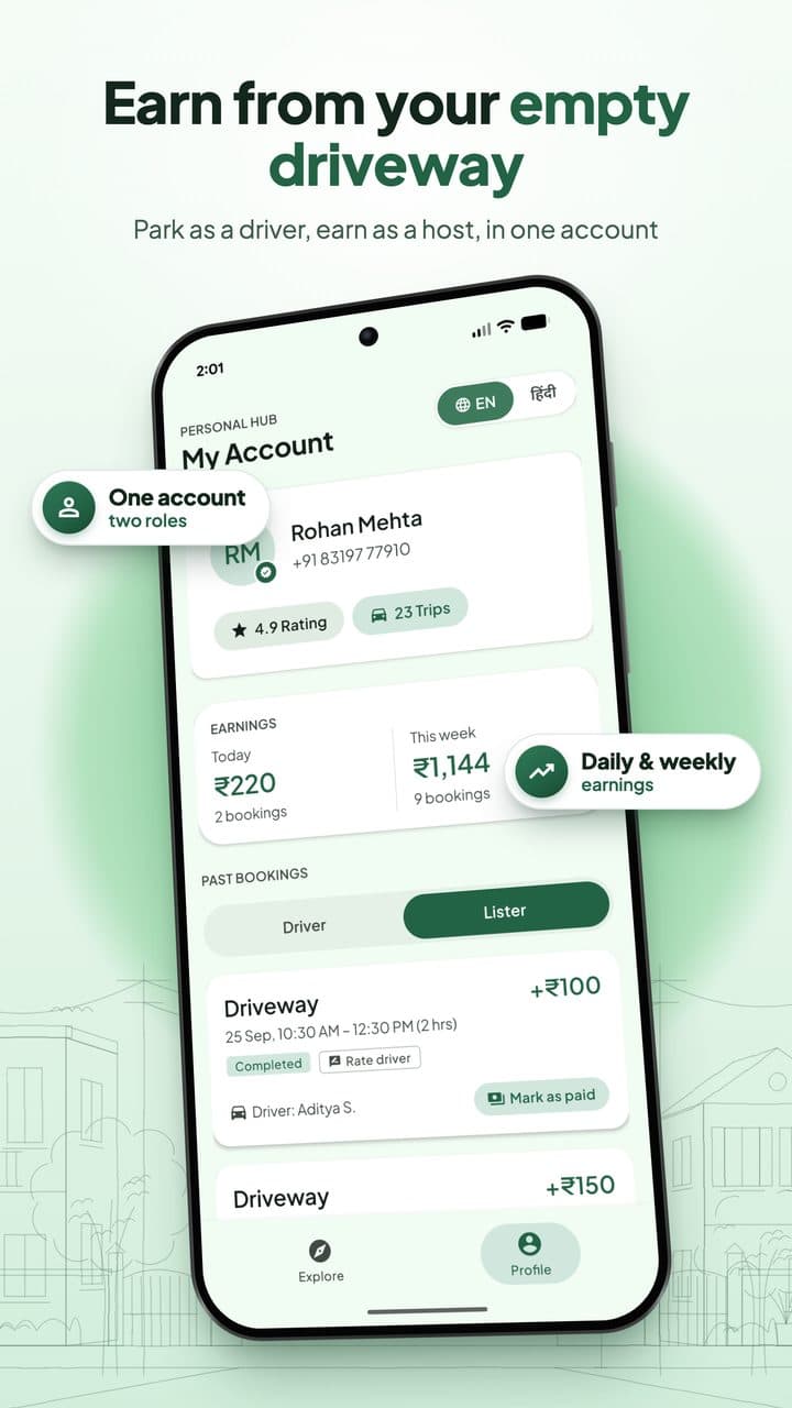 ParkSaarthi host account with daily and weekly earnings